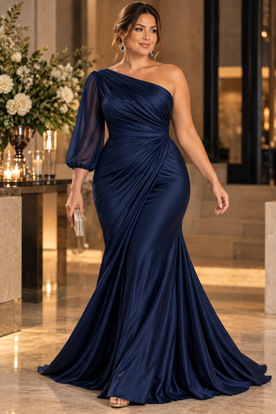 Plus size navy one shoulder evening gown with sheer three-quarter sleeve and draped waist, front view.