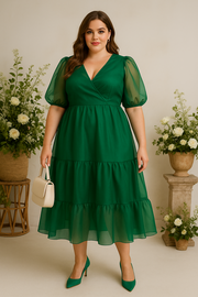 Plus Size Green Organza Dress with Short Puff Sleeve and Midi Length