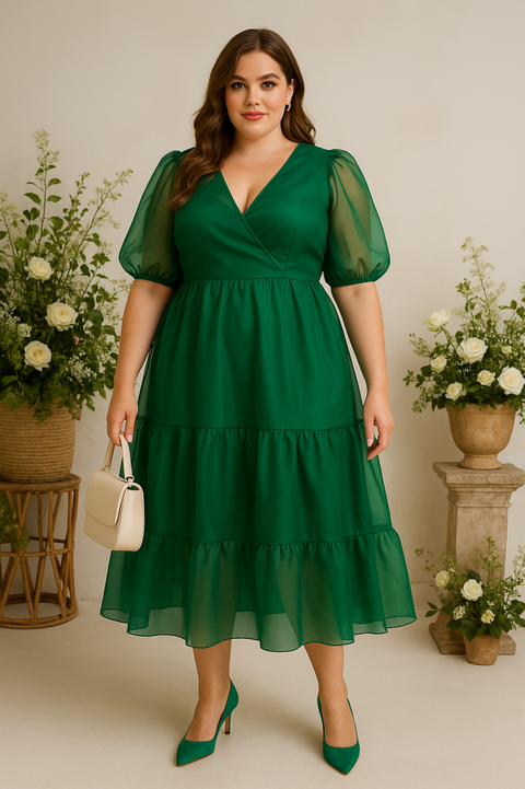 Plus Size Green Organza Dress with Short Puff Sleeve and Midi Length