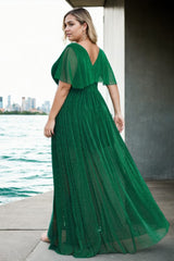 Plus Size Green Short Sleeve Evening Dress - back view