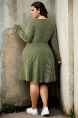 Plus Size Green Sweater Skater Long Sleeve Dress - Back View