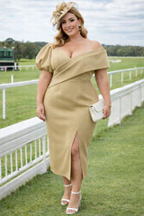 Plus size khaki off shoulder midi dress elegant neutral cocktail dress for curvy women, flattering silhouette