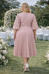plus size blush pink lace pleated midi dress - back view