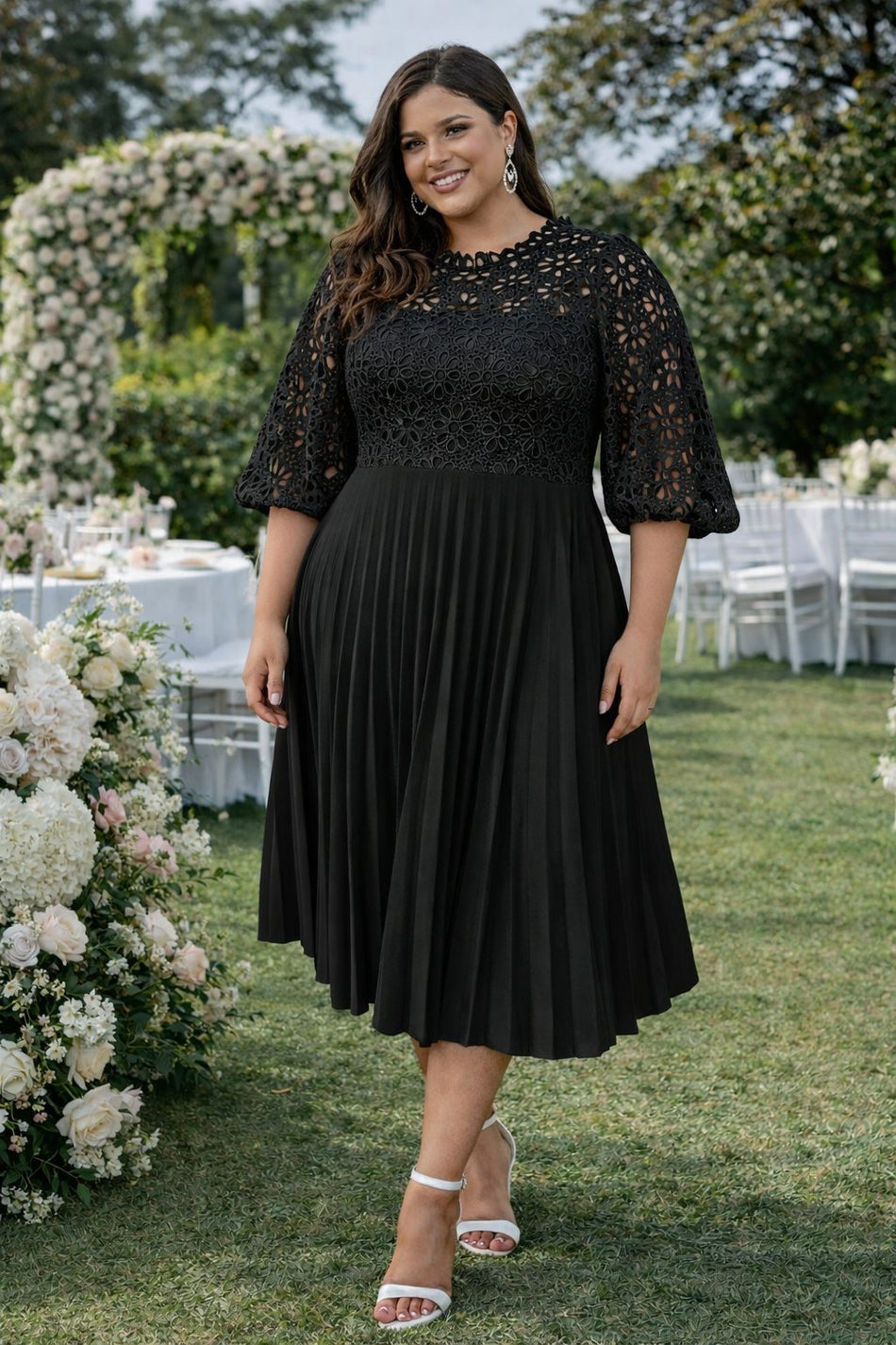 plus size black lace pleated midi dress