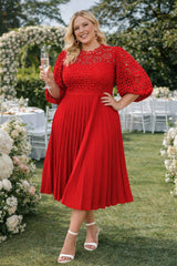 plus size bright red lace pleated midi dress