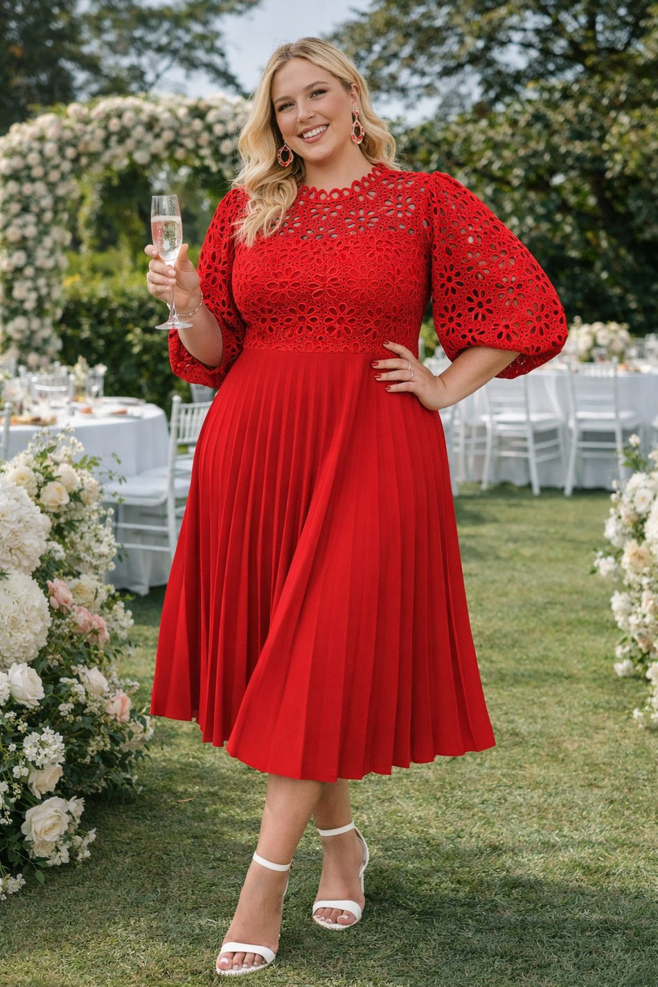 plus size bright red lace pleated midi dress