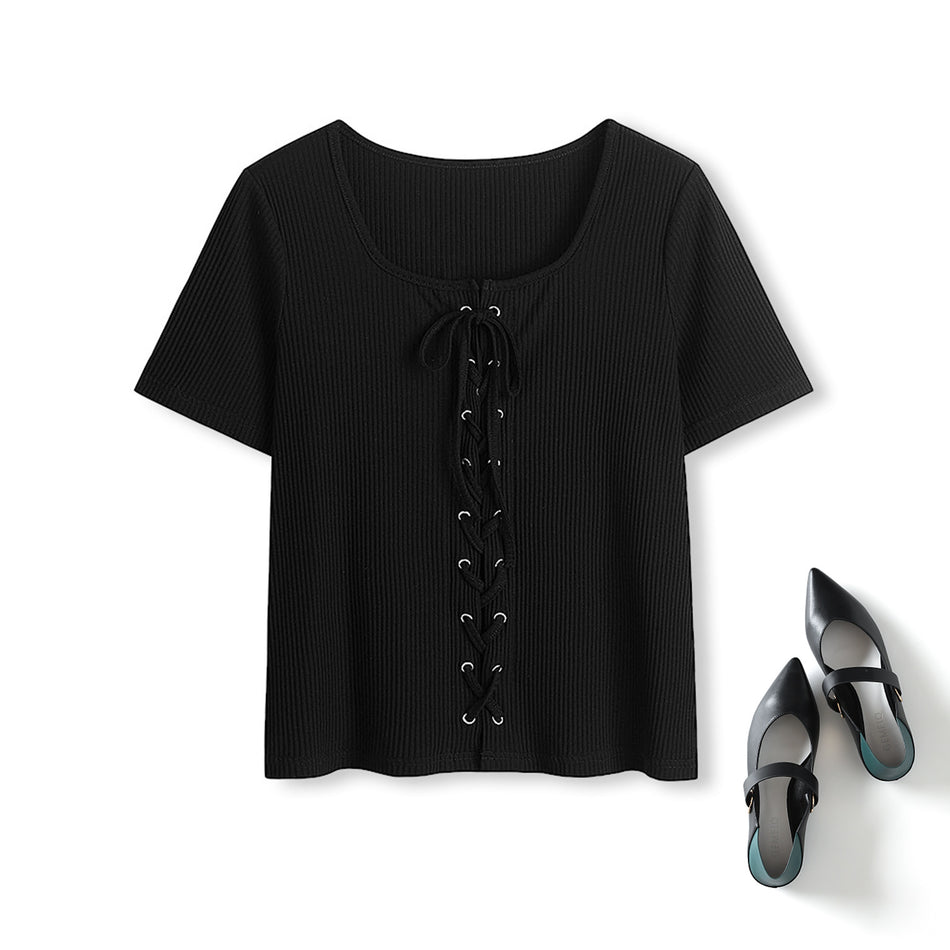 Plus Size Lace Up Square Neck Ribbed Tee - Blak