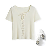 Plus Size Lace Up Square Neck Ribbed Tee - Cream