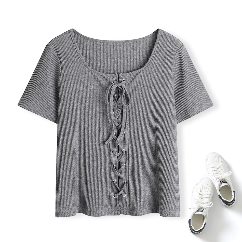 Plus Size Lace Up Square Neck Ribbed Tee