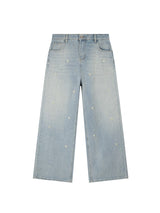 Light blue pearl wide leg jeans front view plus size high waist denim