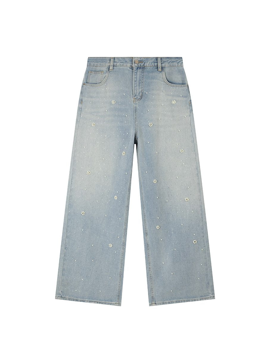 Light blue pearl wide leg jeans front view plus size high waist denim