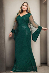 Plus Size Long Sleeve Evening Dress - Green