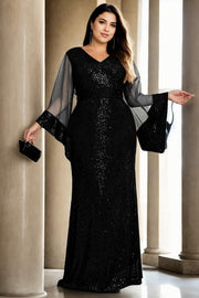 Plus Size Long Sleeve Evening Dress - Black