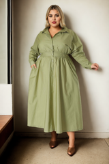 Plus Size Long Sleeve Shirt Dress - Green