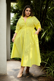 Plus Size Long Sleeve Shirt Dress - Light Yellow