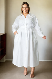 Plus Size Long Sleeve Shirt Dress - White