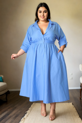 Plus Size Long Sleeve Shirt Dress - Light Blue