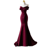Plus Size Maroon Red Off Shoulder Gown - No Tulle