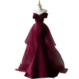 Plus Size Maroon Red Off Shoulder Gown - With Tulle
