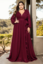 Plus Size Maroon Red Long Sleeve Formal Gown