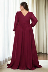 Plus Size Maroon Red Long Sleeve Formal Gown - back view