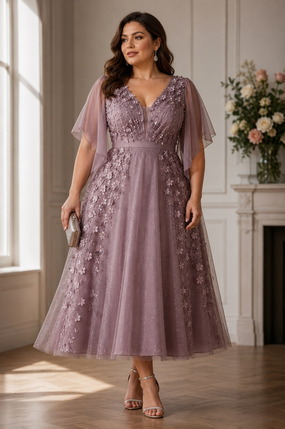 Front view of a plus size mauve floral formal midi dress with flutter sleeves, V-neckline and flowing A-line skirt.