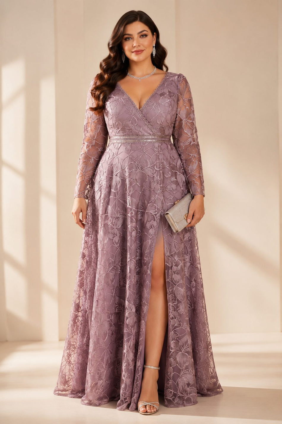 Plus size mauve embroidered lace formal evening gown with long sheer sleeves, wrap V-neckline, A-line skirt and front split.