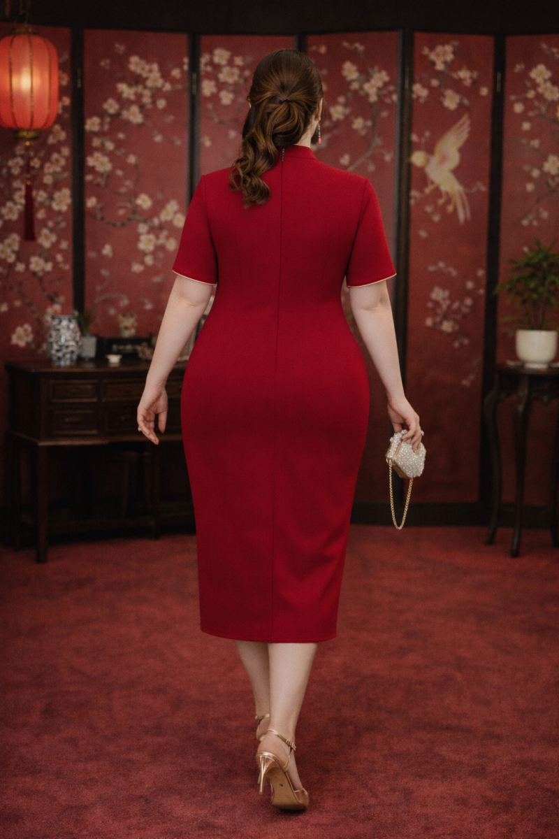 open lace back dress Women's Plus Size Amelie Satin Midi Dress - Red