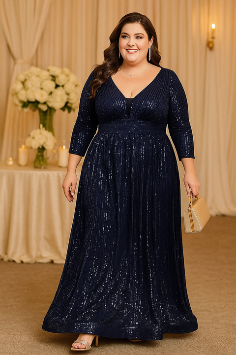 Plus Size Navy Blue ¾ Sleeve Gown