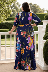 Plus Size Navy Blue Floral Wrap Maxi Dress with 3/4 Sleeves for Wedding Guest and Formal Events