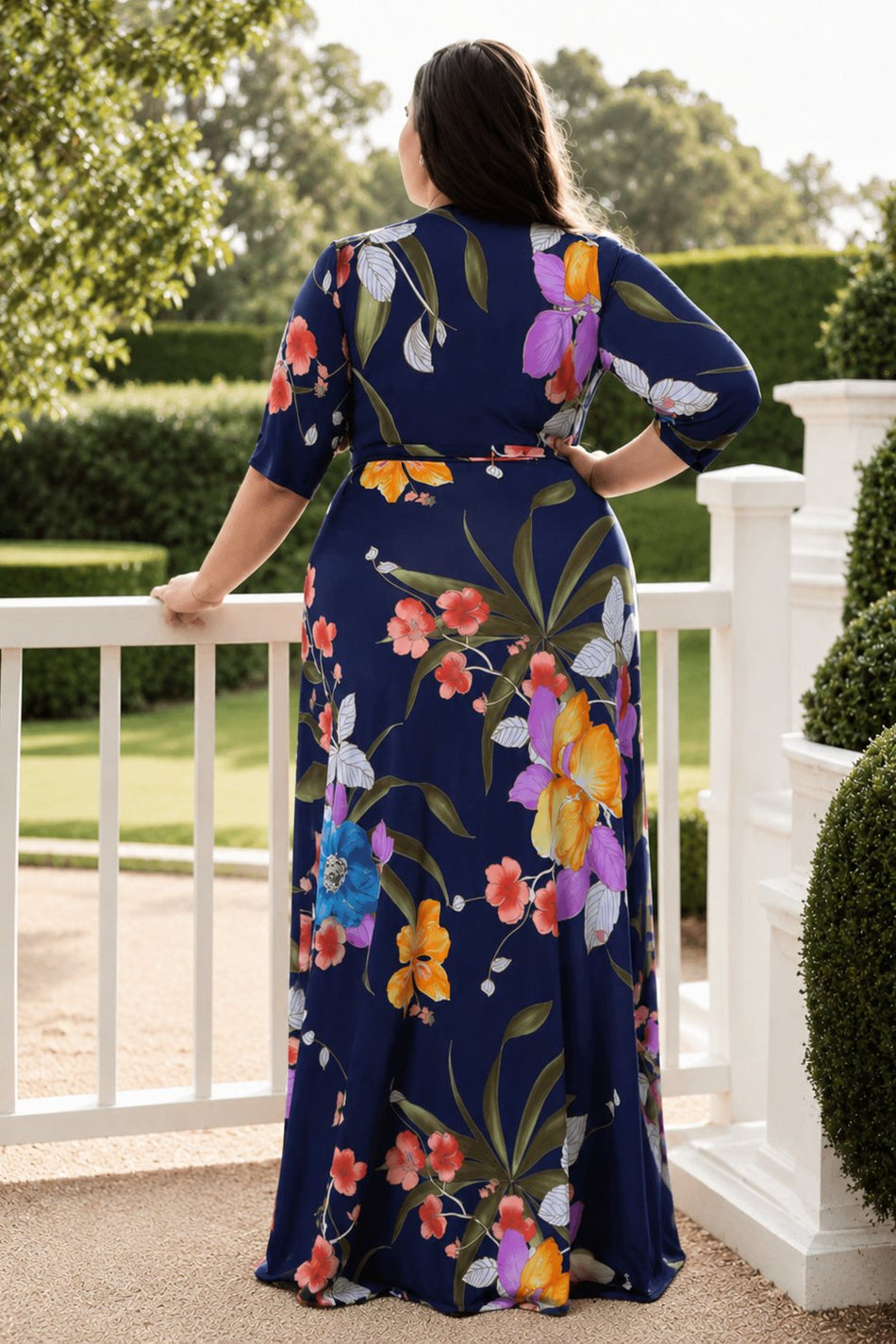 Plus Size Navy Blue Floral Wrap Maxi Dress with 3/4 Sleeves for Wedding Guest and Formal Events