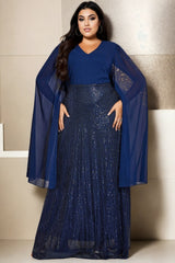 Plus Size Navy Cape Evening Dress