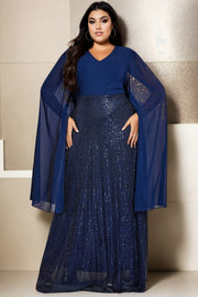 Plus Size Navy Cape Evening Dress