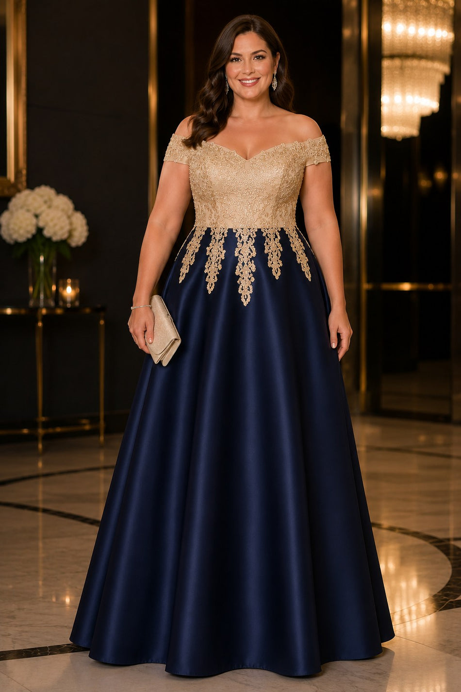 Plus Size Navy & Champagne Evening Dress with Sleeves– Hello Curve