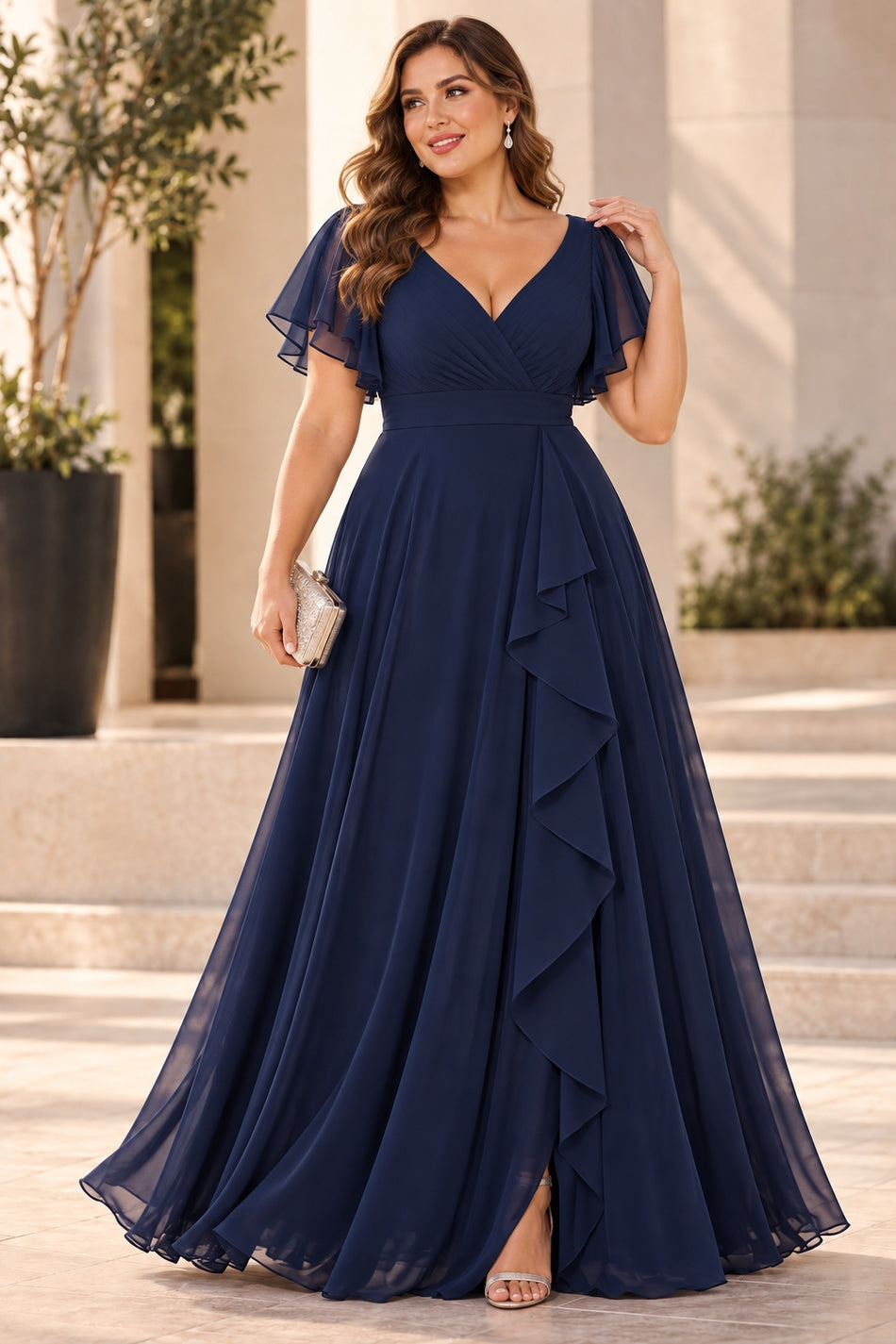 Plus size woman wearing a navy chiffon evening dress with wrap V neckline, flutter sleeves and flowing floor-length skirt.