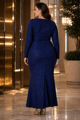 Plus size navy glitter evening dress with long sleeves back view
