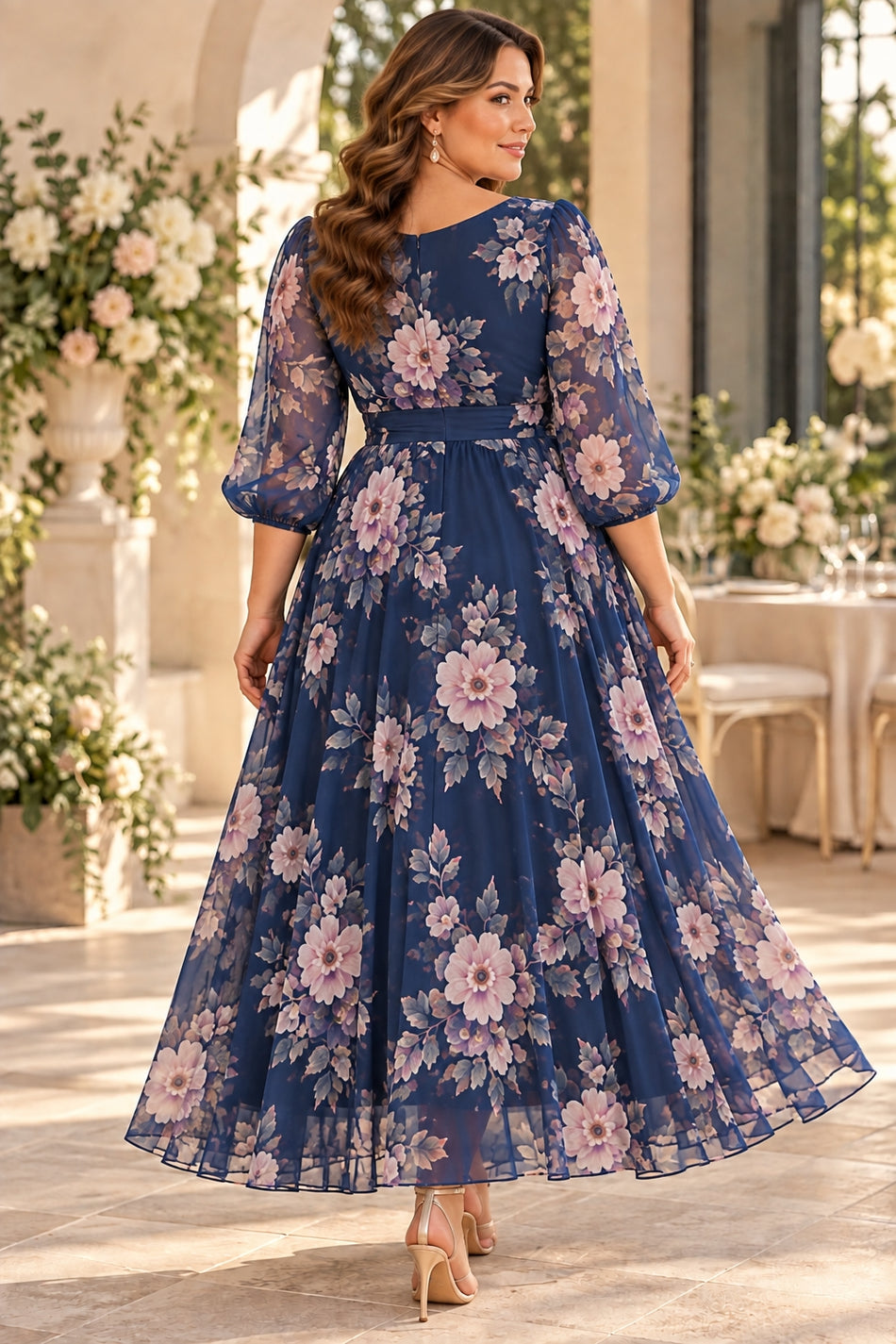 Back view of a navy floral maxi dress with sheer three-quarter sleeves, a wide navy waistband and a flowing ankle-length skirt.