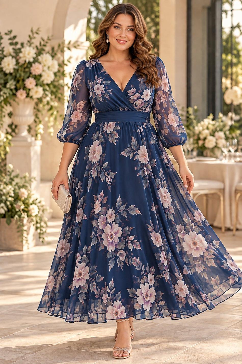 Plus size woman wearing a navy floral maxi dress with a wrap V-neckline, sheer three-quarter sleeves and flowing A-line skirt.