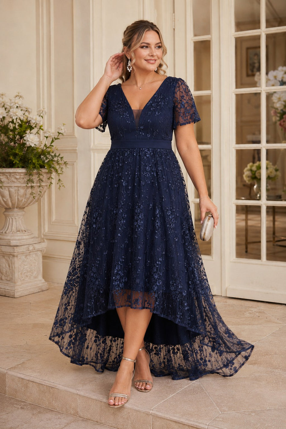 Navy plus size lace wedding guest dress with floral embroidery, V-neckline, flutter sleeves and high-low A-line skirt.