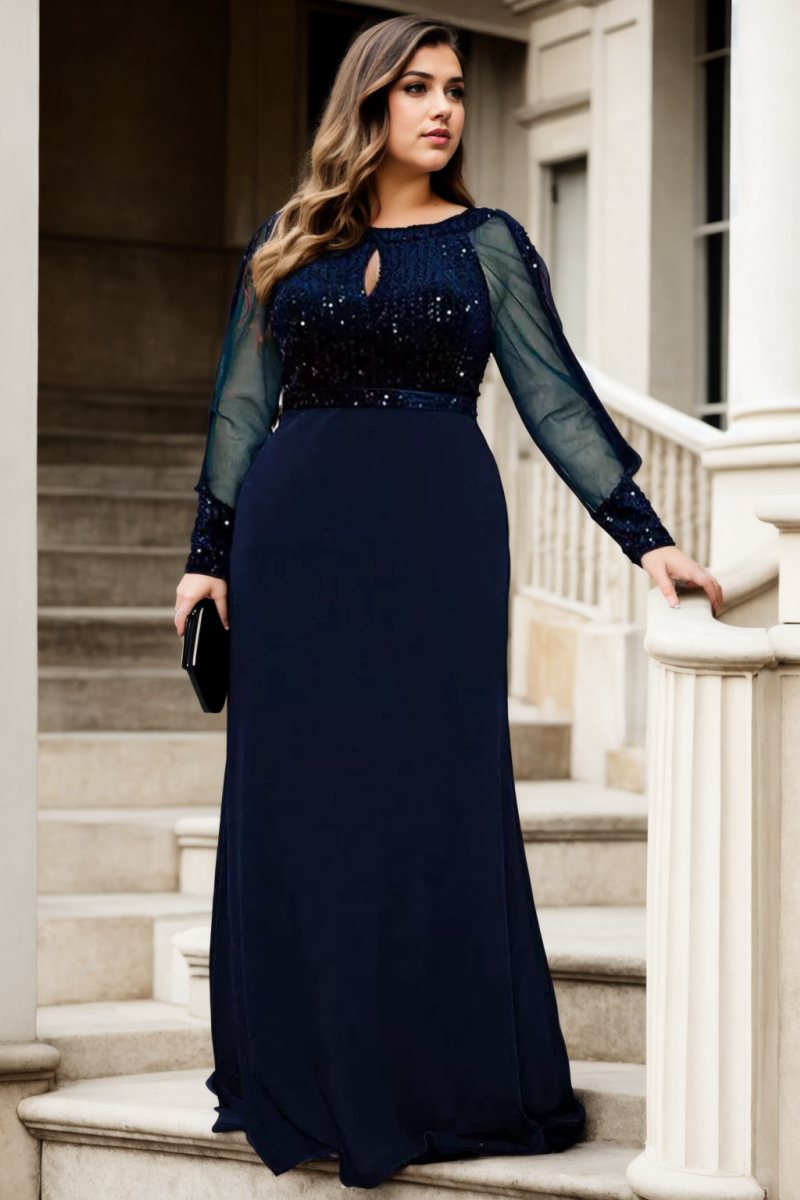Aspen Plus Size Navy Long Sleeve Evening Dress– Hello Curve