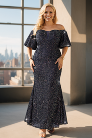 Plus Size Navy Off Shoulder Mermaid Gown