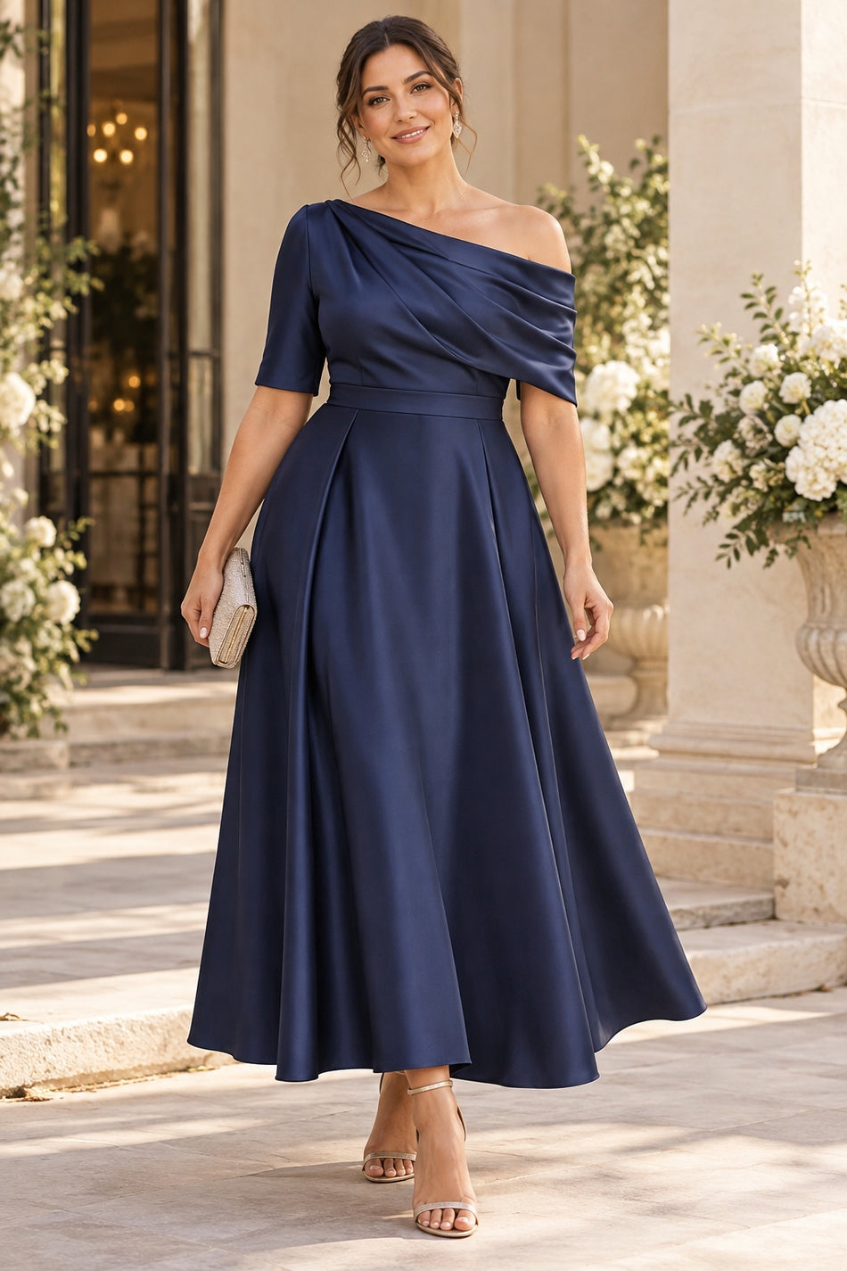 Plus size woman wearing a navy satin midi formal dress with an asymmetric off-shoulder neckline and flowing A-line skirt.