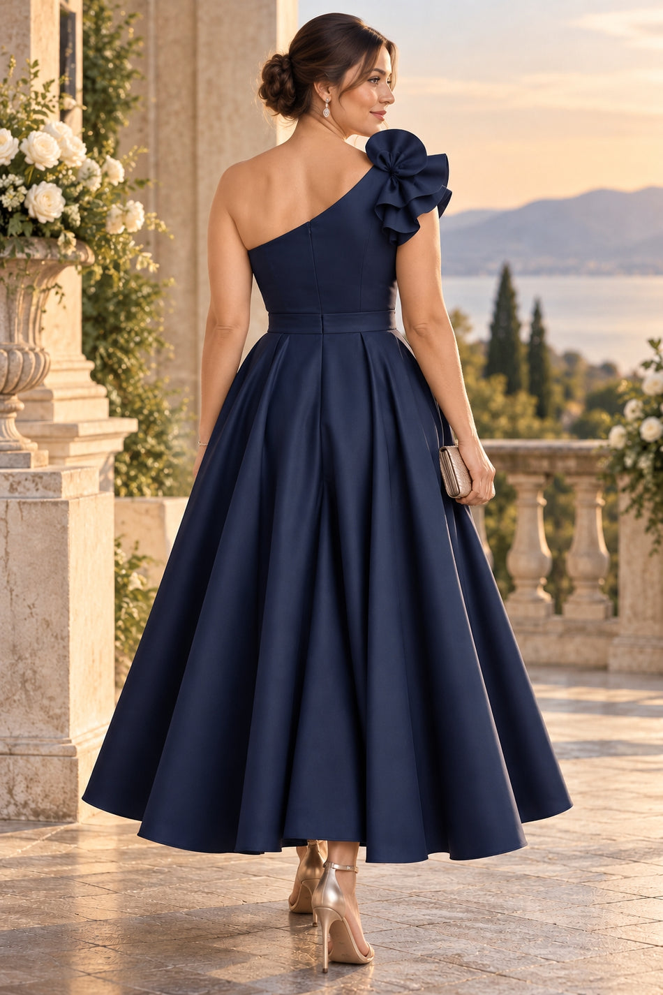 Back view of a midnight navy one shoulder cocktail midi dress with asymmetric neckline, defined waist and full skirt.