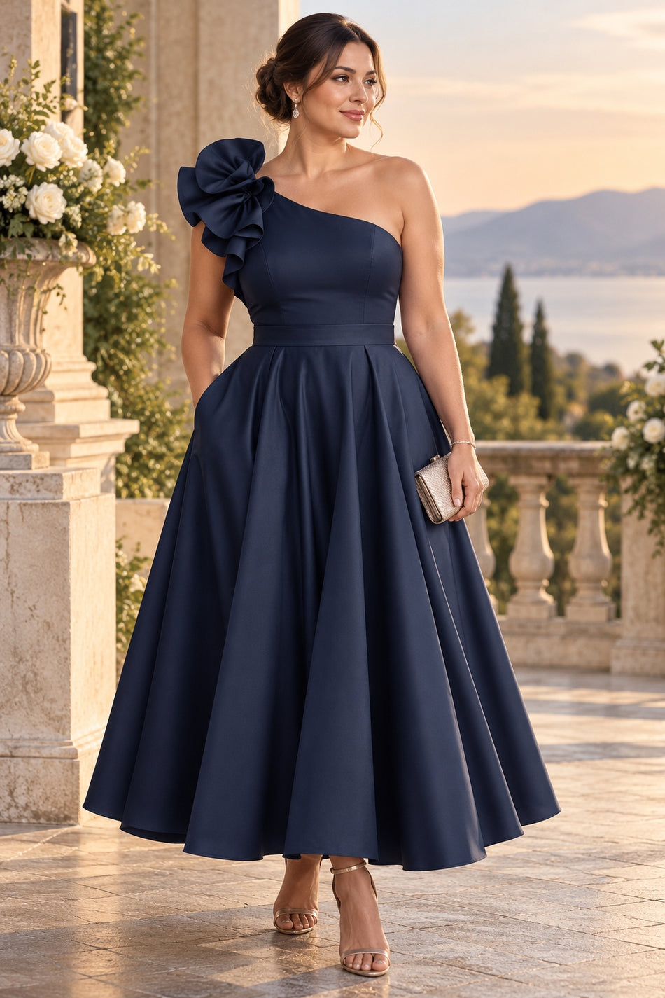 Plus size woman wearing a midnight navy one shoulder cocktail midi dress with statement shoulder detail and full A-line skirt.