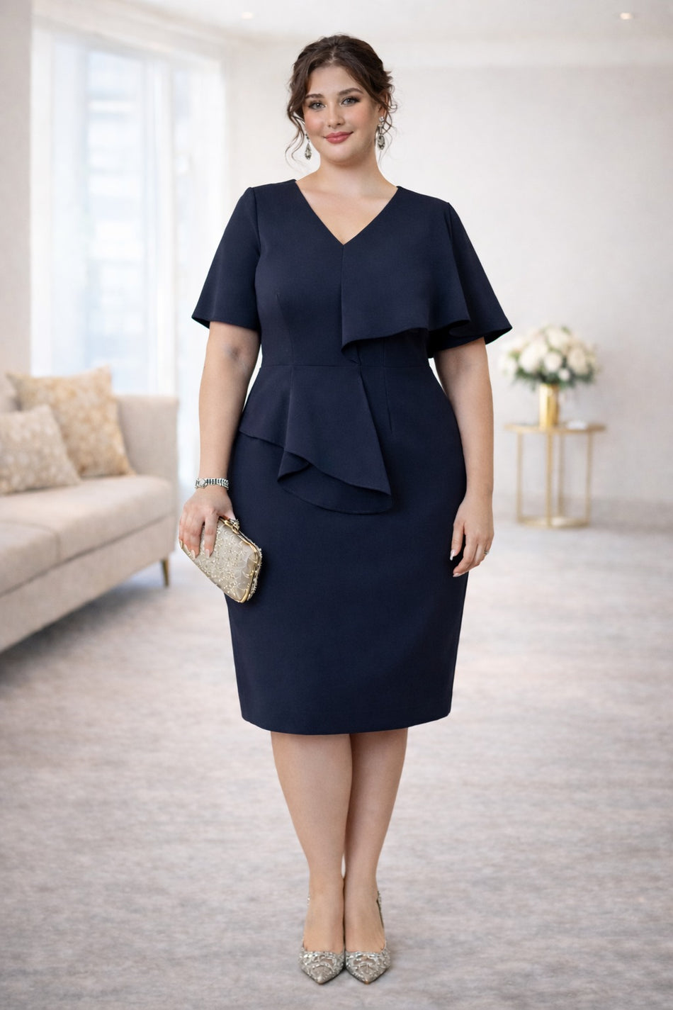 Plus Size Cocktail Dress in navy blue, suitable for cocktail events and formal occasions