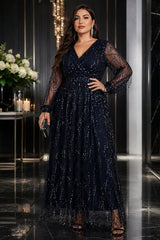Front view of plus size navy sequin evening maxi dress with wrap V-neckline and long sheer sleeves.