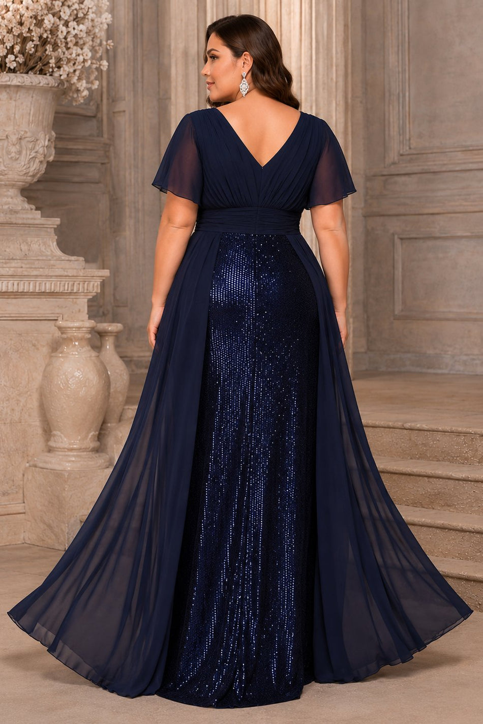 plus size embellished chiffon overlay dress Xpluswear Design Plus Size Formal Champagne Round Neck Long Sleeve Split Elegant See Through Sequin Chiffon Maxi Dresses