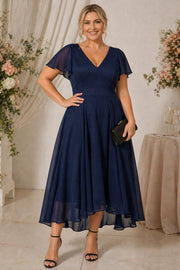princess polly baby blue dress Plus Size Wedding Guest Dresses Elegant Long Evening Gown with Drop V-Neck  High Waist Chiffon in Blue Grey main image 1