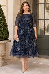 Front view of a plus size navy sparkle wedding guest dress with a round neckline, three-quarter sleeves and a flattering A-line midi silhouette.