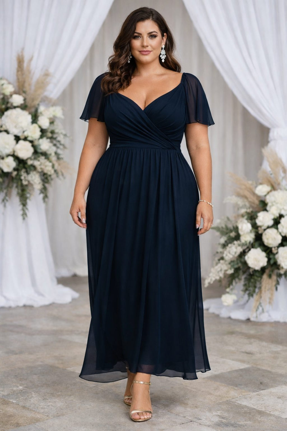 Plus Size Navy Wrap Evening Dress in navy, suitable for formal events and wedding guest occasions